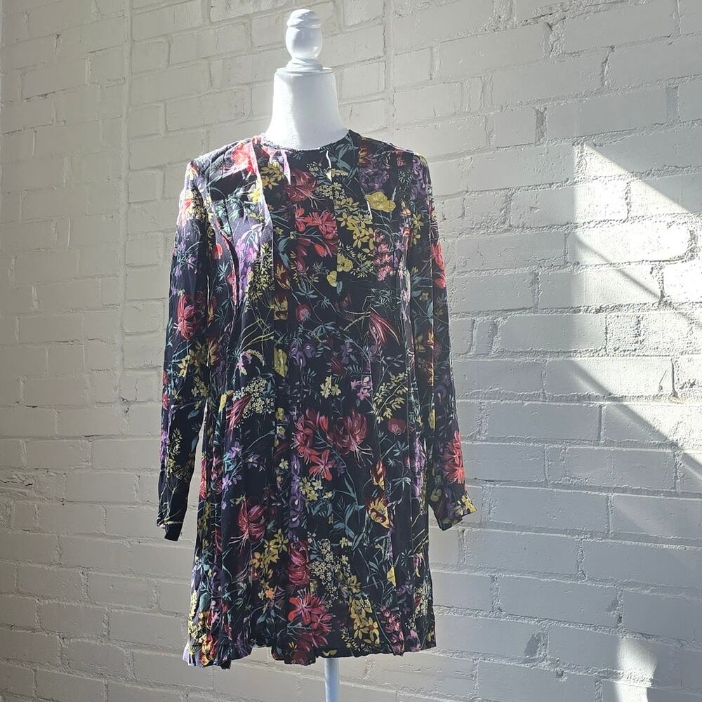 Vibrant Floral on Black Tunic Dress┃H&M Size 10┃ Boho 70's Vibe Cottagecore